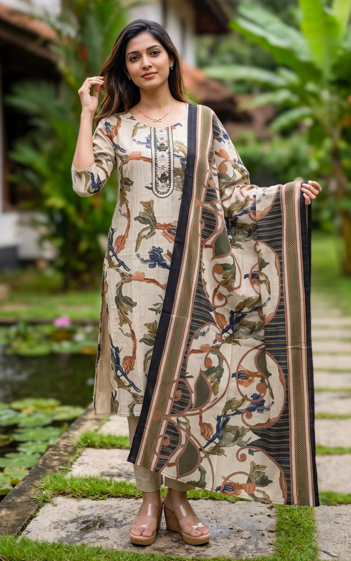 Off White Floral Print with Mirror work Straight cut Kurti set